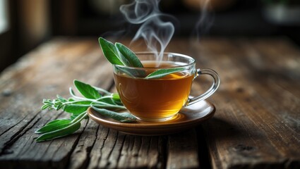 Sage tea in a glass mug with sage leaves on a wooden table, selectively focused with a shallow depth of field.