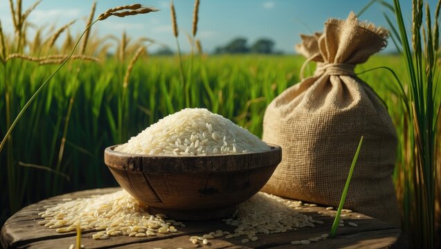 White rice and paddy rice displayed on a wooden surface with a backdrop of rice plants.