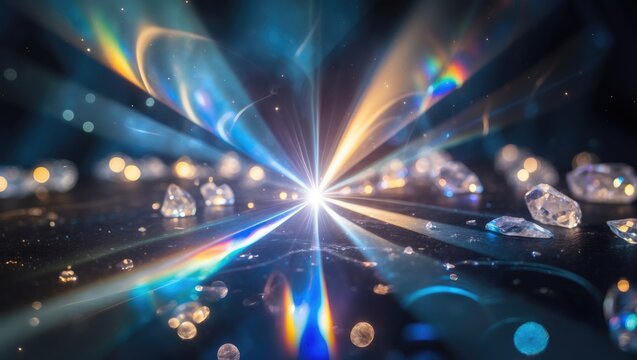 Blue light flare prism rainbow flares overlay effect on a dark backdrop, with light interacting with crystals and prismatic sun catcher reflections. Abstract bokeh of colorful lens flare on a black... - Powered by Adobe