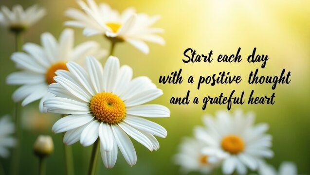 Morning inspirational quote - Begin every day with a positive thought and a grateful heart. On a floral backdrop of white flowers in a garden.