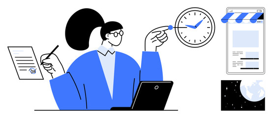 Female professional multitasking with clock, document, laptop, storefront webpage, and global map. Ideal for time management, productivity, business strategy, online operations workflow planning