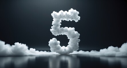 Naklejka premium Number five formed from white clouds or smoke against a black background with space for text.