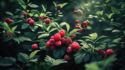 Obraz premium Wild raspberry plants thriving in the forest