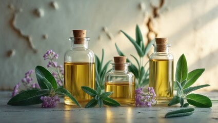 Salvia Officinalis essential oil, Sage oil, and fresh sage leaves arranged in a decorative pattern.