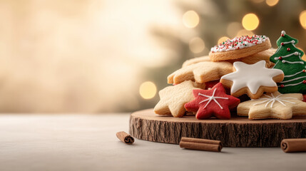 Delightful assortment of festive cookies on wooden platter, perfect for holiday celebrations. colorful designs and warm ambiance evoke cozy, joyful atmosphere