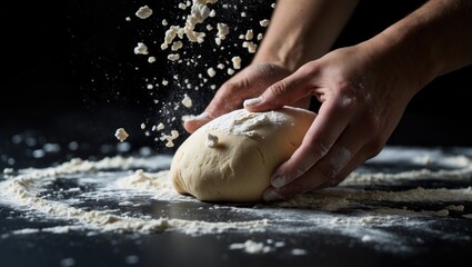 Flying pizza dough with flour scattering in midair, showcasing a cloud of flour against a black background. Cook's hands kneading the dough. Long banner format, with space for text.