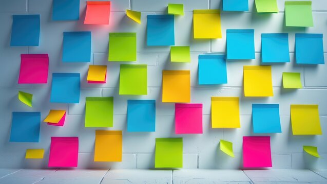 Collection of colorful blank sticky notes as a background. Empty sticky notepad paper with copy space displayed on a wall.