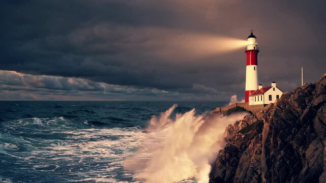 Majestic lighthouse overlooking stormy ocean with crashing waves at dusk. 4k stock footage