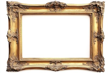 A large, empty gold picture frame with ornate details on an isolated white background