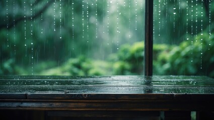Wood table surface on glass window with raindrops. Suitable for displaying or showcasing your products.