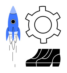 Rocket taking off next to a gear wheel and steps, symbolizing innovation, engineering, success, and upward movement. Ideal for topics on business growth, technology, engineering processes, startups