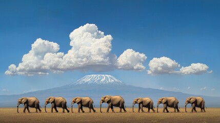 Obraz premium Elephants Walking Across the Plains with Mountain Backdrop