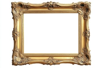 A large, empty gold picture frame with ornate details on an isolated white background