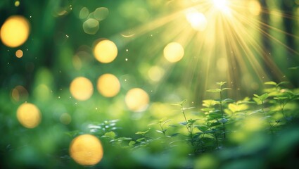 Natural outdoor bokeh backdrop featuring green and yellow hues illuminated by sun rays.