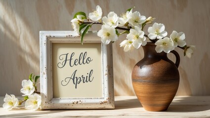 Spring still life featuring branches of blooming apple tree in a vase alongside a photo frame on a light backdrop. White photo frame displaying text. Concept of springtime.