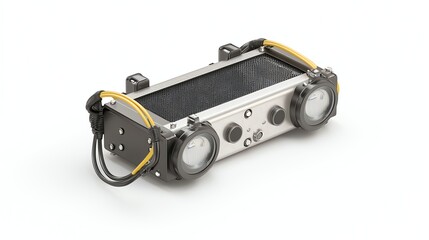 Compact portable device with knobs and connectors on a white isolated background.