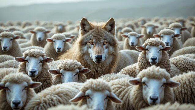 Wolf among sheep in wool clothing. Concept of a wolf pretending to be a sheep.