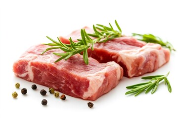 Fresh red meat steaks with rosemary and peppercorns on white background