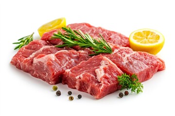Fototapeta premium Fresh raw beef steaks with rosemary, lemon, and peppercorns on white background