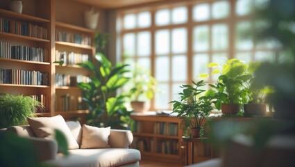 Discover a serene reading nook with a blurred background featuring a well-organized bookshelf, a comfortable sofa, and vibrant plants, ideal for creating a peaceful and inviting space for reading.