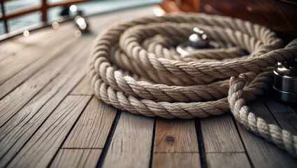 Fototapeta premium Rope on a yacht featuring wooden elements.
