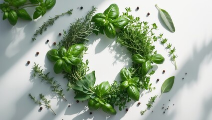 Round herb arrangement composed of diverse fresh herbs arranged in a circle, isolated cooking design element with a white background and subtle natural shadows, viewed from above in a flat lay.