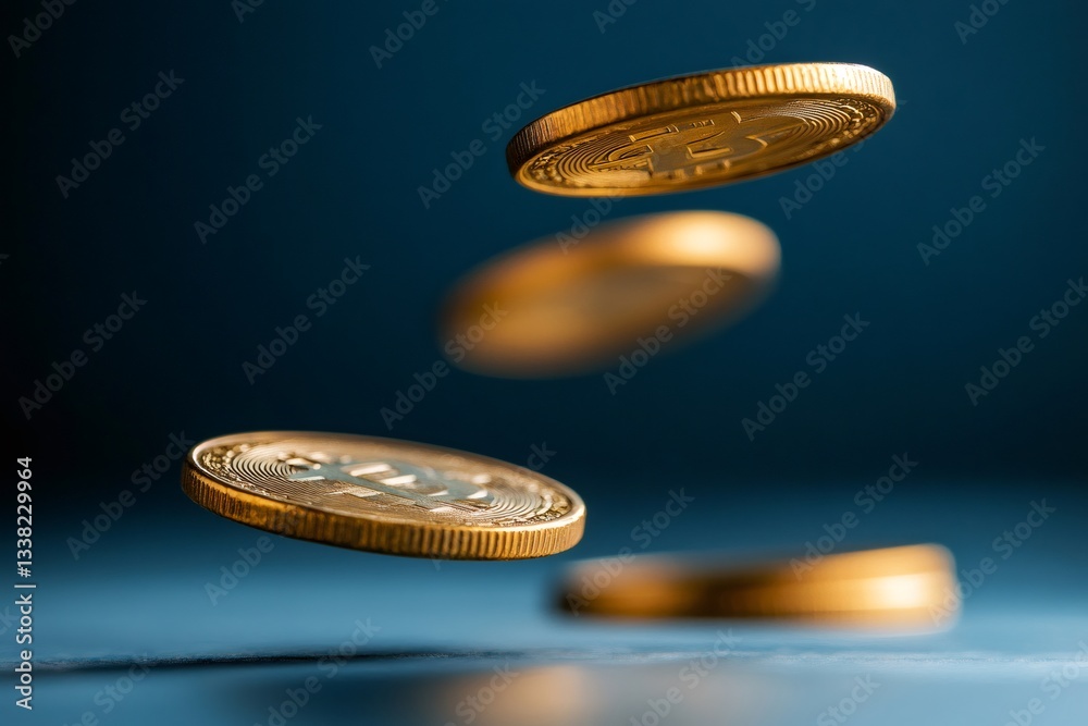 Poster bitcoin coins rotating in the air on blue background