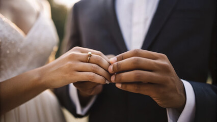 Fototapeta premium close up moment during wedding ceremony, showcasing exchange of rings between couple. emotional connection is palpable as they celebrate their love