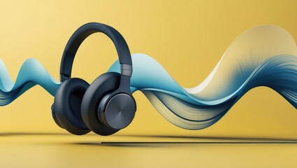 Banner for enjoying podcasts, broadcasts, or music. Transformation of audio and sound signals. Black wireless headphones against a yellow backdrop with sound waves.