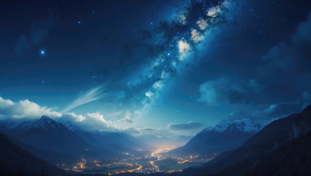 The enchanting starry sky during Christmas time and the majestic high mountain range, featuring illuminated villages below and moonlight shining through the clouds.