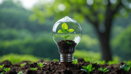 light bulbs and trees Energy saving concepts and investments in eco-business renewable energy generation ESG green entrepreneurship and environmental investment, natural green backdrop