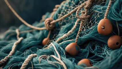 rustic fishing net with floats and cords