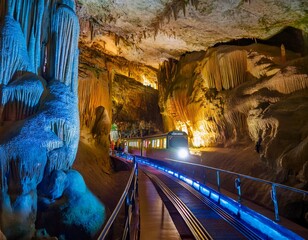 A mesmerizing underground view of Postojna Cave with stunning rock formations and an electric train.
