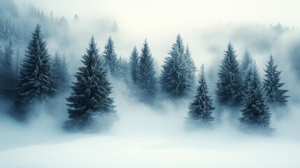 Snow-Covered Forest with Misty and Foggy Atmosphere. Generative AI
