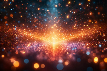 Fototapeta premium Symmetrical Kaleidoscope of Emerald, Rose, and Violet Light Trails: A Mesmerizing Dance of Sparkling Dust and Glittering Particles Creating a Radiant, Abstract Pattern