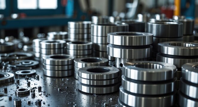 Rollers, bushings, and billets produced on a lathe from steel and cast iron. Numerous identical parts arranged in the factory workshop, awaiting additional processing.