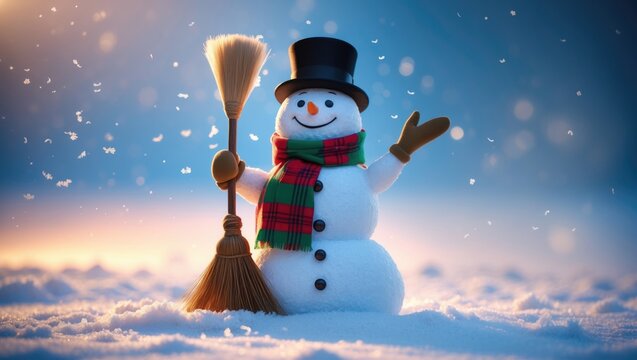 New Year greeting card featuring a cheerful snowman in a snowy landscape. Snowy background.