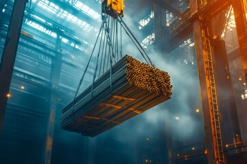 Industrial crane lifting metal pipes in steel mill