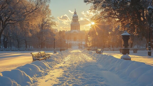 Snow-Covered Winter Park with Benches and Statues Under Snow. Generative AI