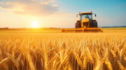 Fototapeta premium golden wheat field under sunset with tractor harvesting crops, creating serene and productive atmosphere in countryside