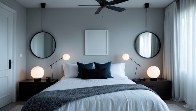 Interior bedroom featuring a white lines duvet quilt with black and blue accent pillows and a throw blanket, alongside dark wood side tables with small round white lamps, a ceiling fan, a large win...