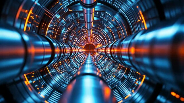 A futuristic, cylindrical corridor with parallel pipes, glowing lights, and a tech-inspired aesthetic.