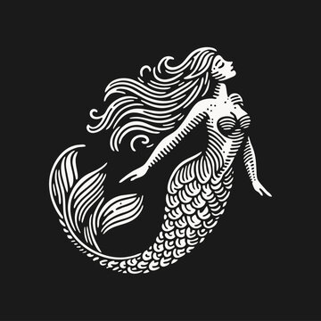 mermaid Engrave vector logo icon design illustration