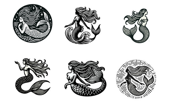 mermaid Engrave vector logo icon design illustration