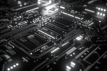 Obraz premium Close up of a detailed glowing monochrome circuit board pattern. It can be used for a technology or engineering themed background.