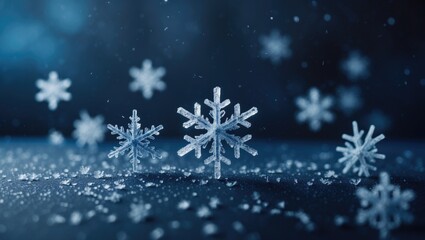 Natural snow particles in the atmosphere. Dark blue transitioning to black background. High-quality image.