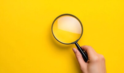  Hand holding magnifying glass on isolated yellow background