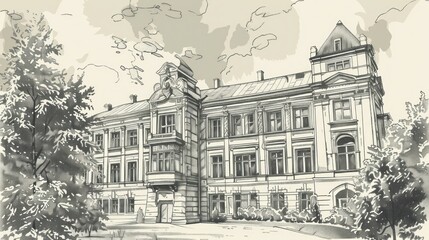 Hand-drawn illustration of a university building with detailed features. stock photo --ar 16:9 --style raw --v 6 Job ID: c20f07ce-a3bf-4afd-91b0-33c299815761