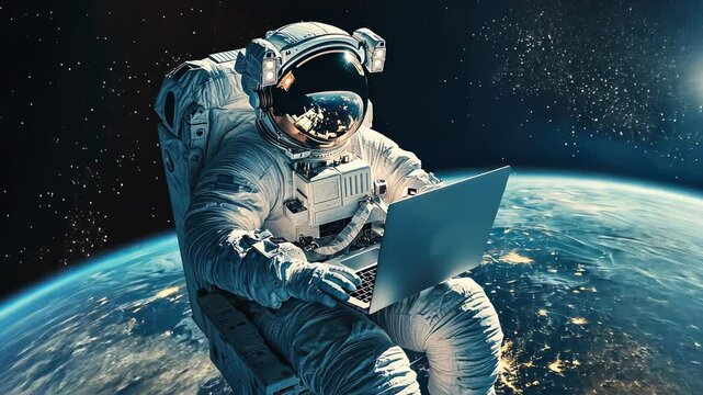 Astronaut floating in space, using a laptop with the earth in the background, digital illustration.