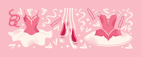 Ballet set dress, tutus, ballet shoes, violin, crown, and dance accessories isolated on a pink background. Flat vector illustration. Ballet and dance performance concept